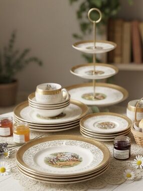 Vintage Sabin Crest- O-Gold Warranted 22k Gold Plate Desert Tea Set